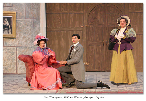 Cat Thompson as Gwendolen, William Elsman as Jack and George Maguire as Lady Bracknell